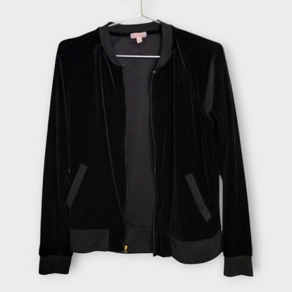 Juicy Couture Velour Jacket‎ Sz Medium Black Stretch Zip Pockets Womens
